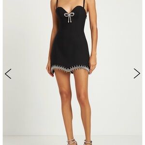 AREA Black Strappy Mini Dress with Crystal Bow Detail